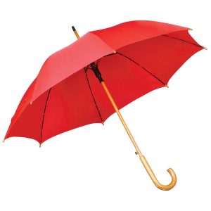 Зонт-трость с деревянной ручкой, полуавтомат красный с нанесением логотипа